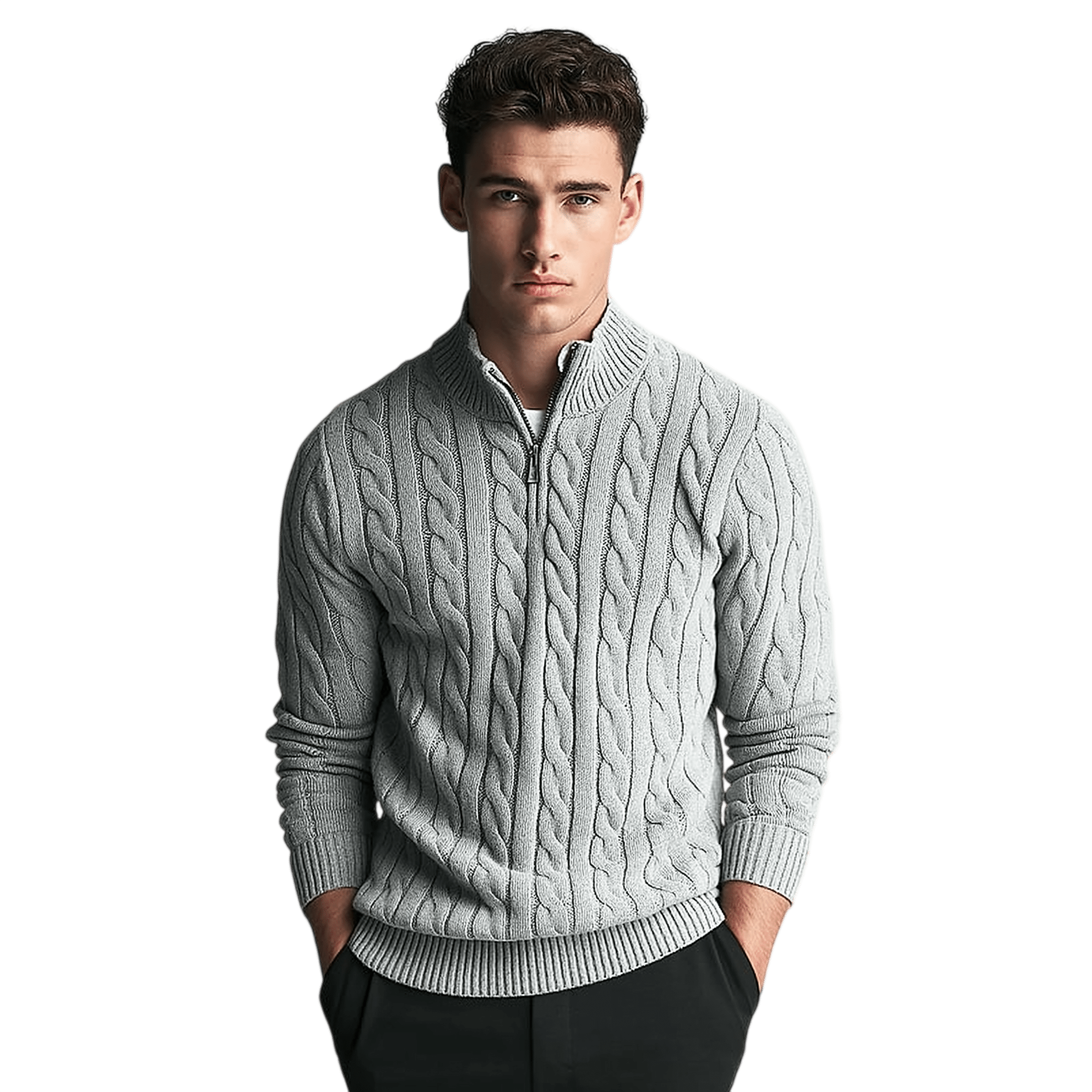 Sweter męski dzianinowy z kołnierzem na zamek dopasowany krój - Arkadya Outlet - Men Sweater