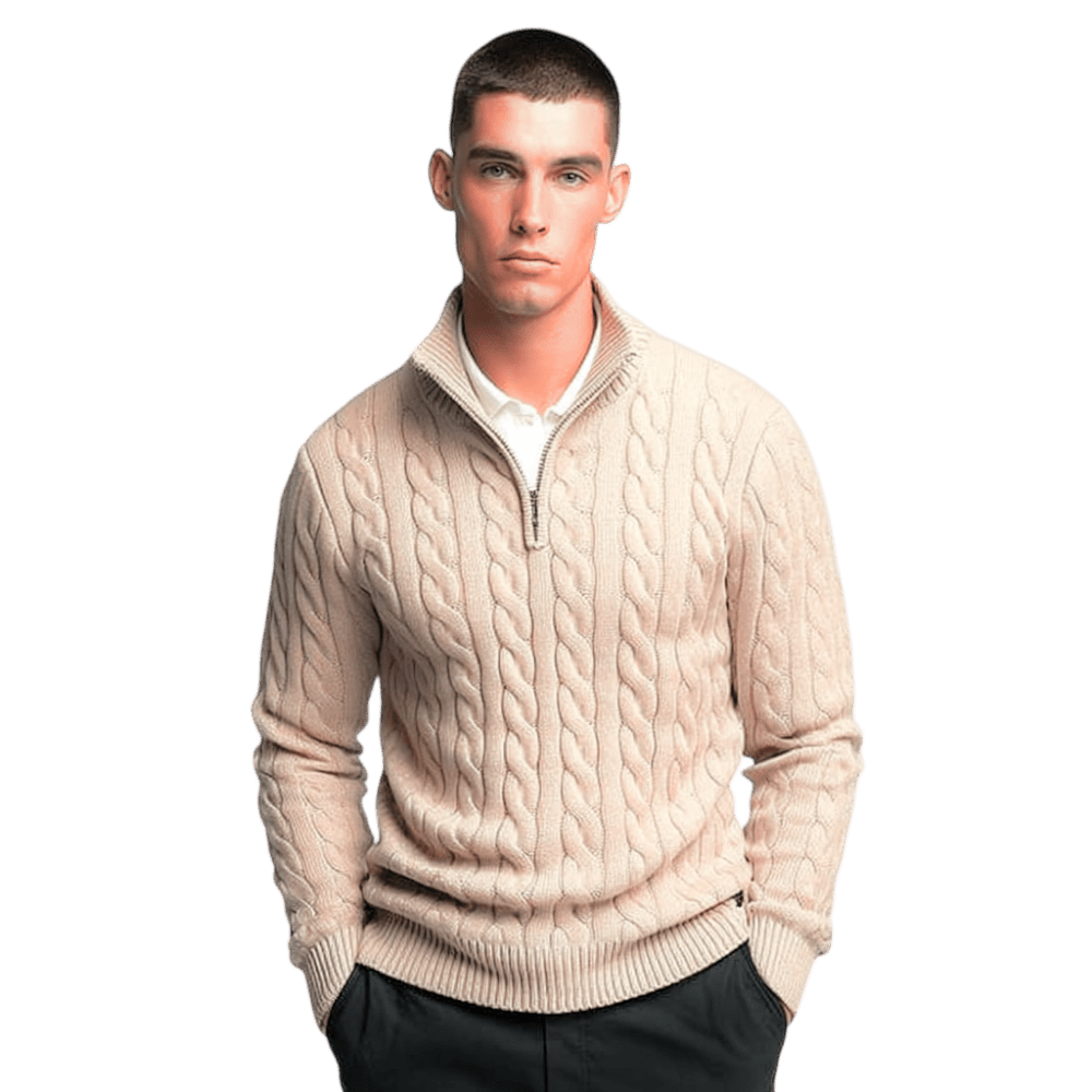 Sweter męski dzianinowy z kołnierzem na zamek dopasowany krój - Arkadya Outlet - Men Sweater