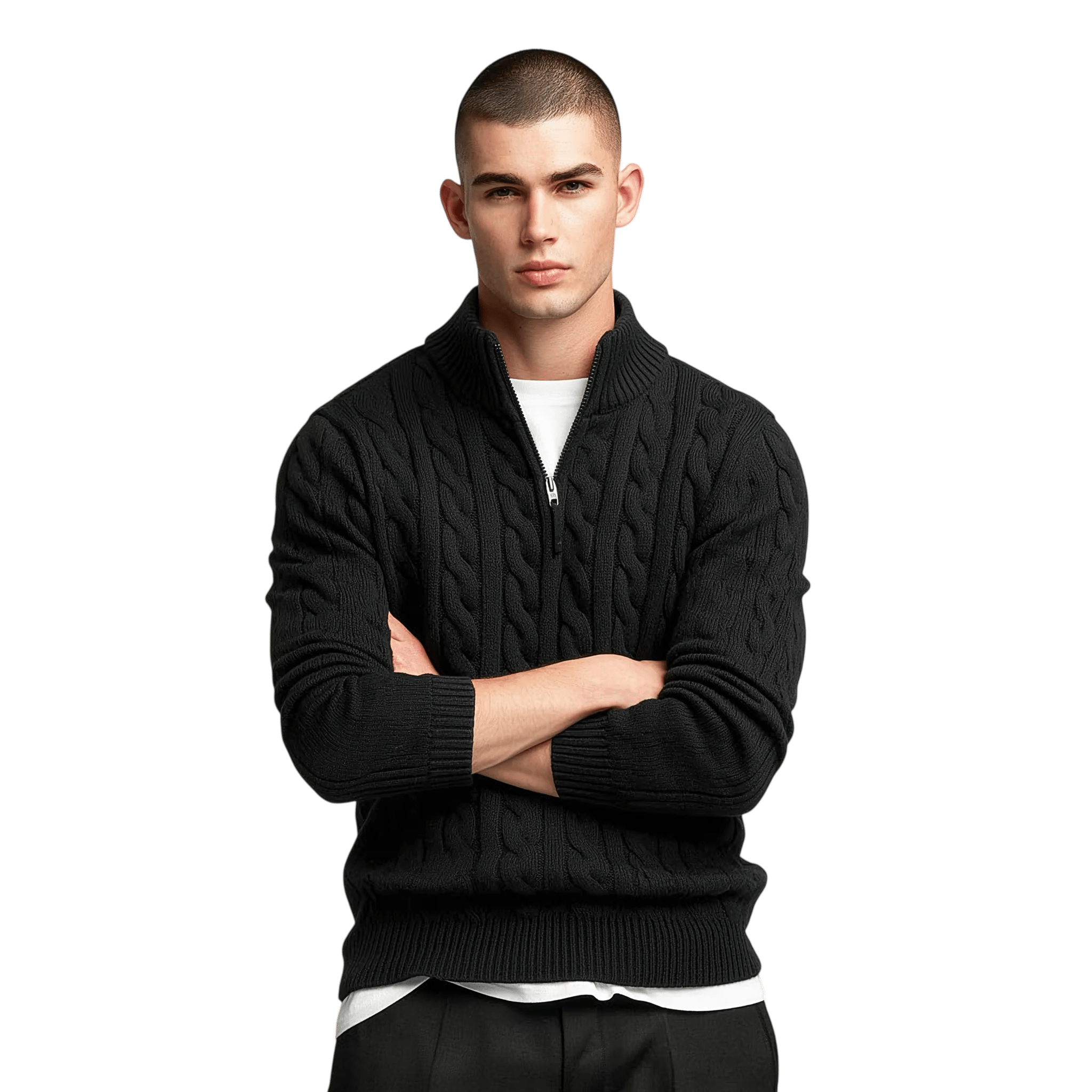 Sweter męski dzianinowy z kołnierzem na zamek dopasowany krój - Arkadya Outlet - Men Sweater