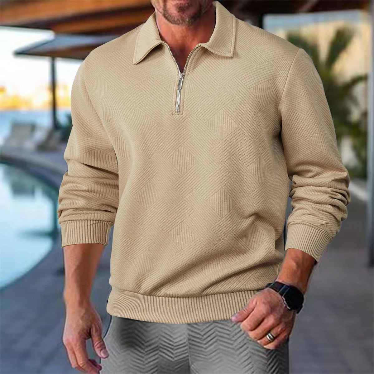 Sweter Męski | Geometryczny Wzór i Zamek przy Golfie - Arkadya Outlet - Sweaters