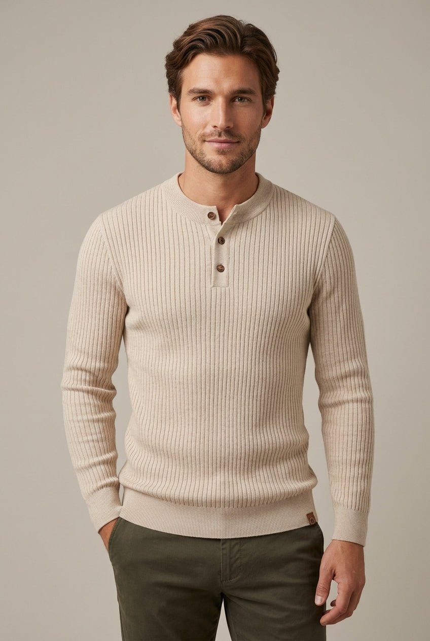 Sweter Męski Henley | Prążkowany Krój z Długim Rękawem - Arkadya Outlet - Sweaters