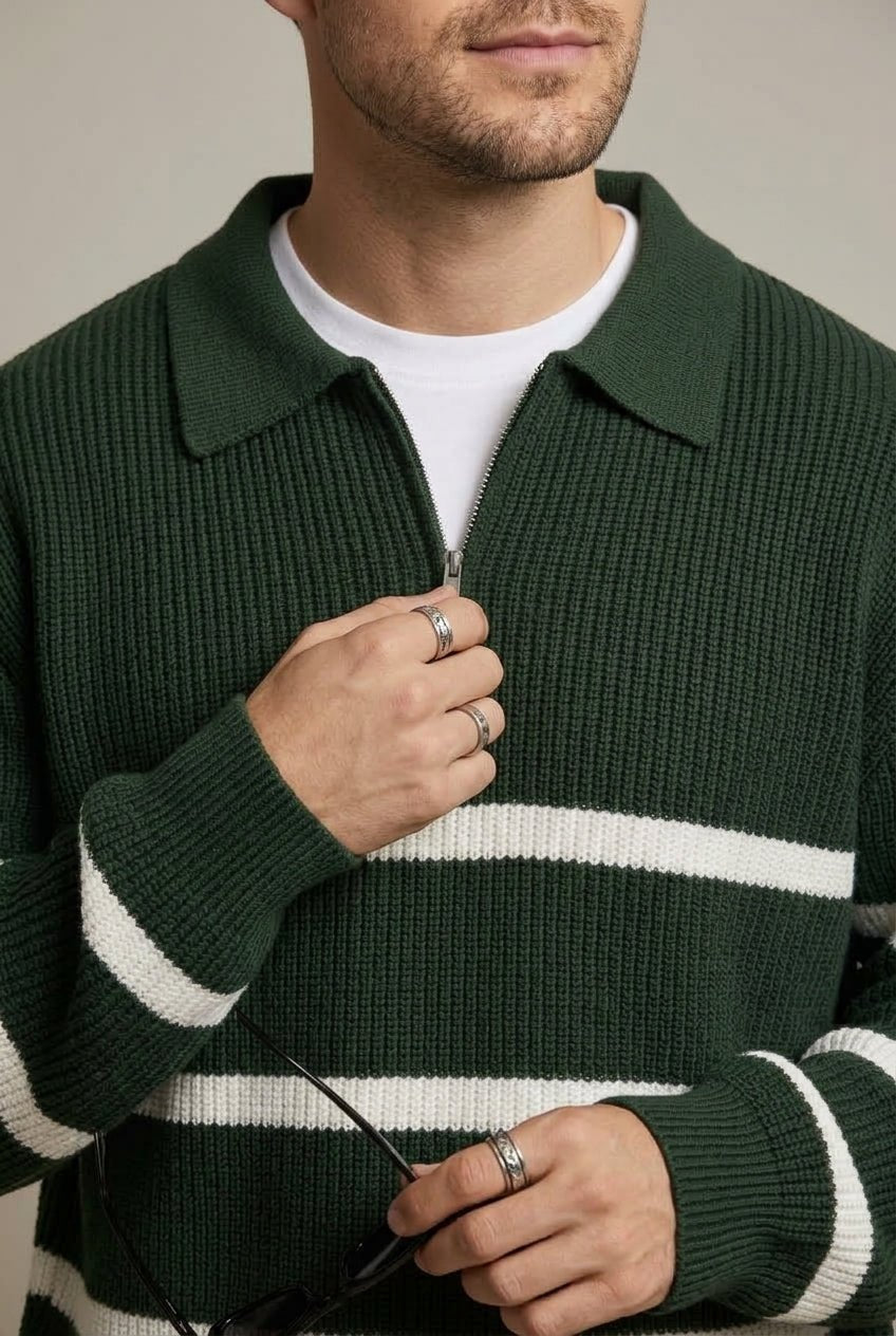 Sweter Męski | Krój relaxed z zamkiem ćwierćdługości i kołnierzem polo - Arkadya Outlet - Sweaters