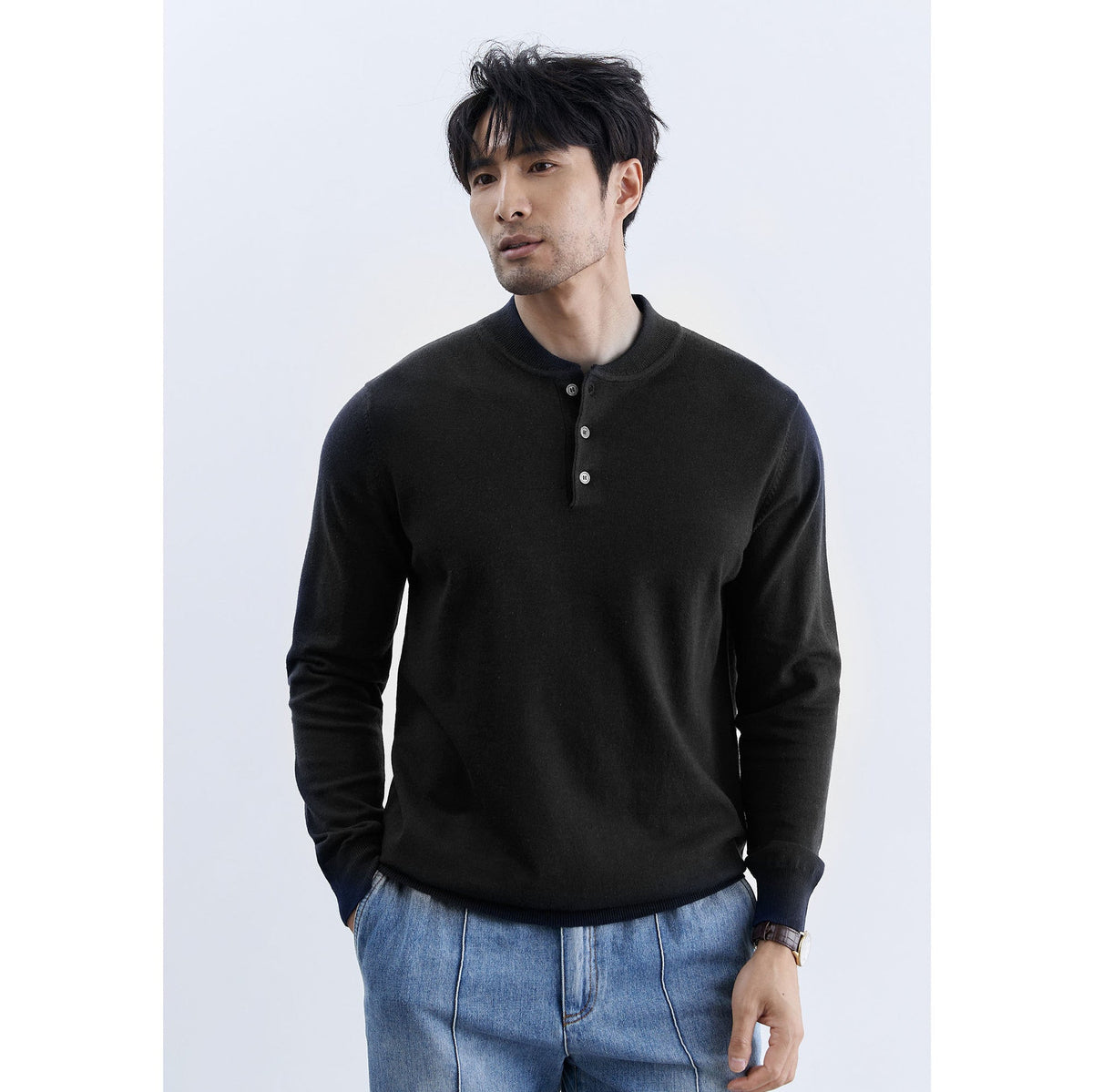 Sweter Męski | Luźny krój z plisą guzikową przy dekolcie - Arkadya Outlet - Sweaters