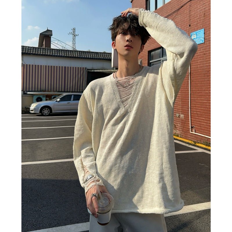 Sweter Męski | Luźny krój z plisą guzikową przy dekolcie - Arkadya Outlet - Sweaters