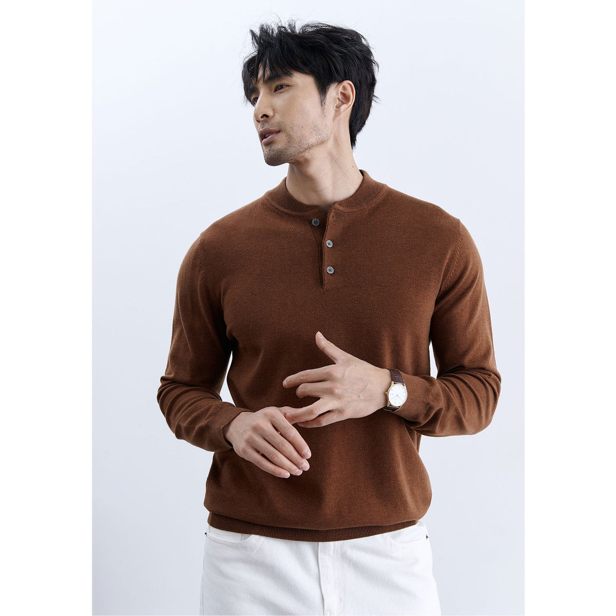 Sweter Męski | Luźny krój z plisą guzikową przy dekolcie - Arkadya Outlet - Sweaters