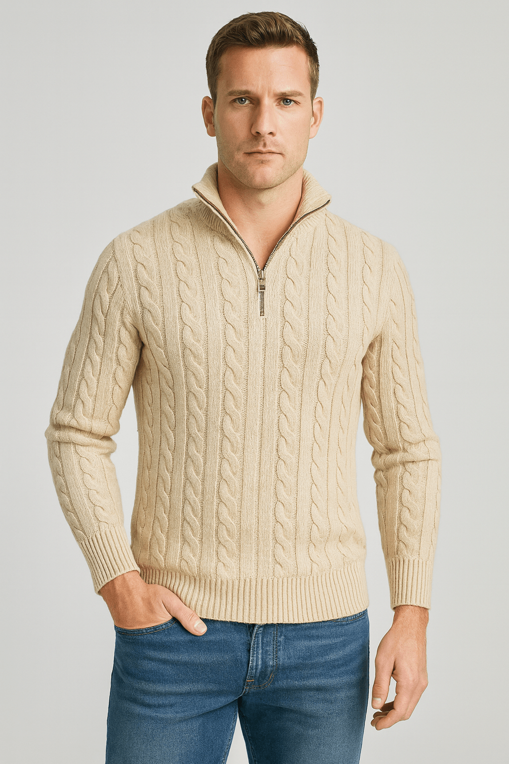 Sweter Męski | Półzamek i Wysoki Kołnierz w Prążek - Arkadya Outlet - Sweaters