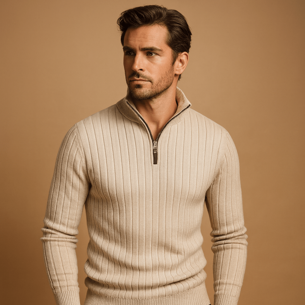 Sweter Męski | Półzip z Prążkowaną Fakturą i Długim Rękawem - Arkadya Outlet - Sweaters