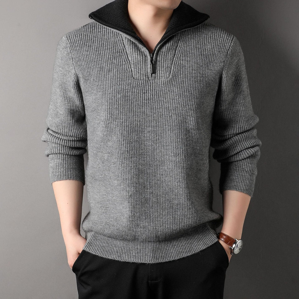 Sweter Męski | Prążkowany z Zamkiem na Stójce i Długim Rękawem - Arkadya Outlet - Sweaters