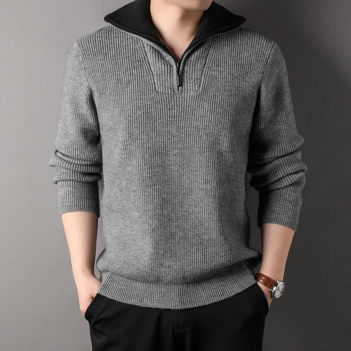 Sweter Męski | Prążkowany z Zamkiem na Stójce i Długim Rękawem - Arkadya Outlet - Sweaters