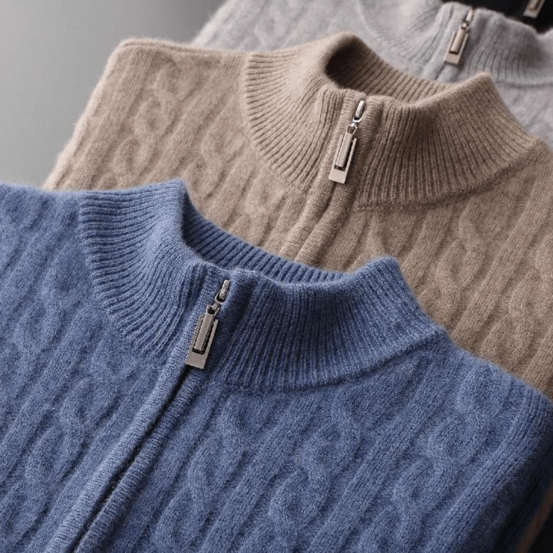 Sweter Męski | Splot Warkoczowy z Półzamkiem przy Kołnierzu - Arkadya Outlet - Sweaters