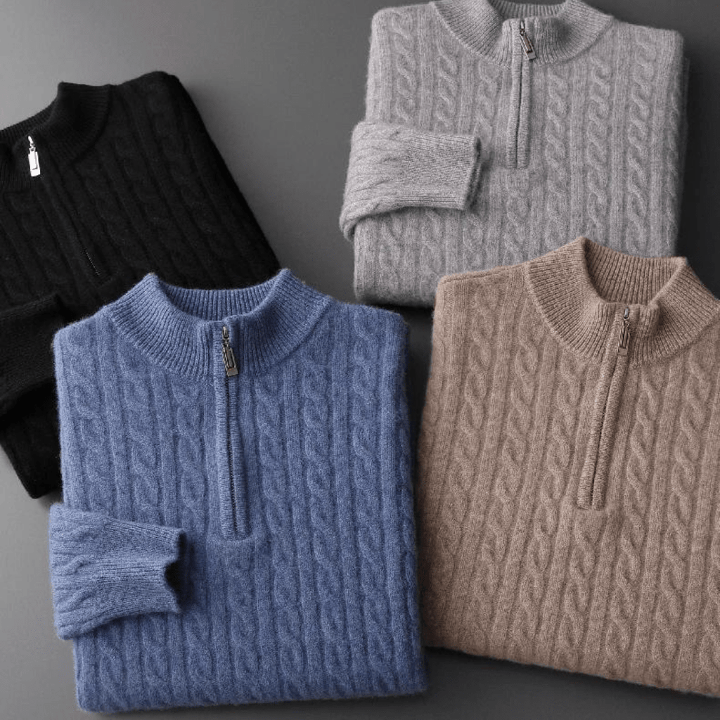 Sweter Męski | Splot Warkoczowy z Półzamkiem przy Kołnierzu - Arkadya Outlet - Sweaters