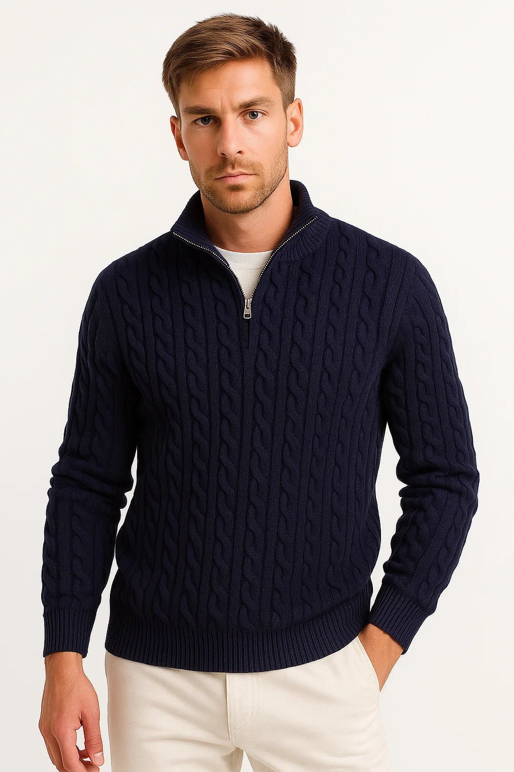 Sweter Męski | Splot Warkoczowy z Zamkiem przy Szyi - Arkadya Outlet - Sweaters