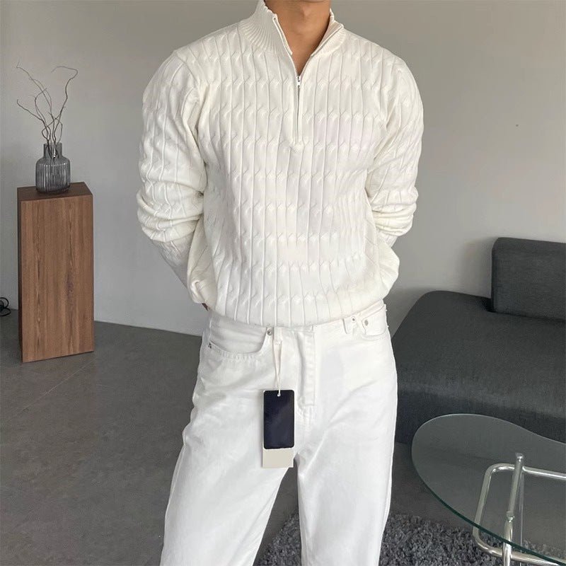 Sweter Męski | Splot Warkoczowy z Zamkiem przy Szyi - Arkadya Outlet - Sweaters