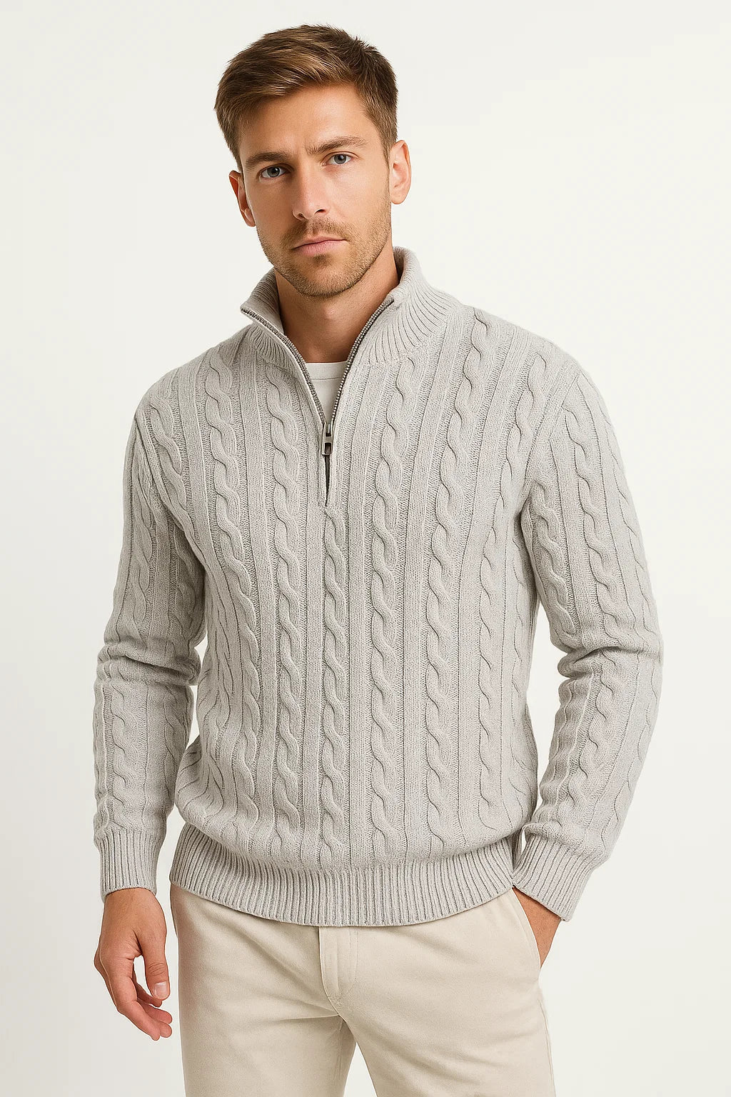 Sweter Męski | Splot Warkoczowy z Zamkiem przy Szyi - Arkadya Outlet - Sweaters