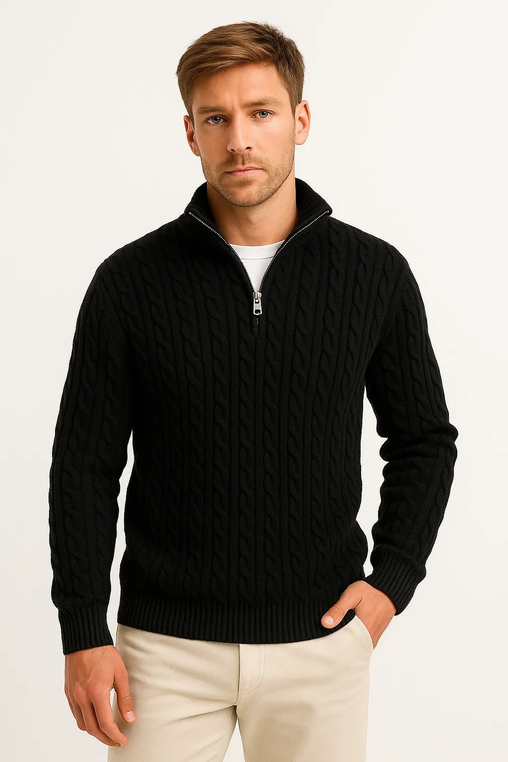 Sweter Męski | Splot Warkoczowy z Zamkiem przy Szyi - Arkadya Outlet - Sweaters