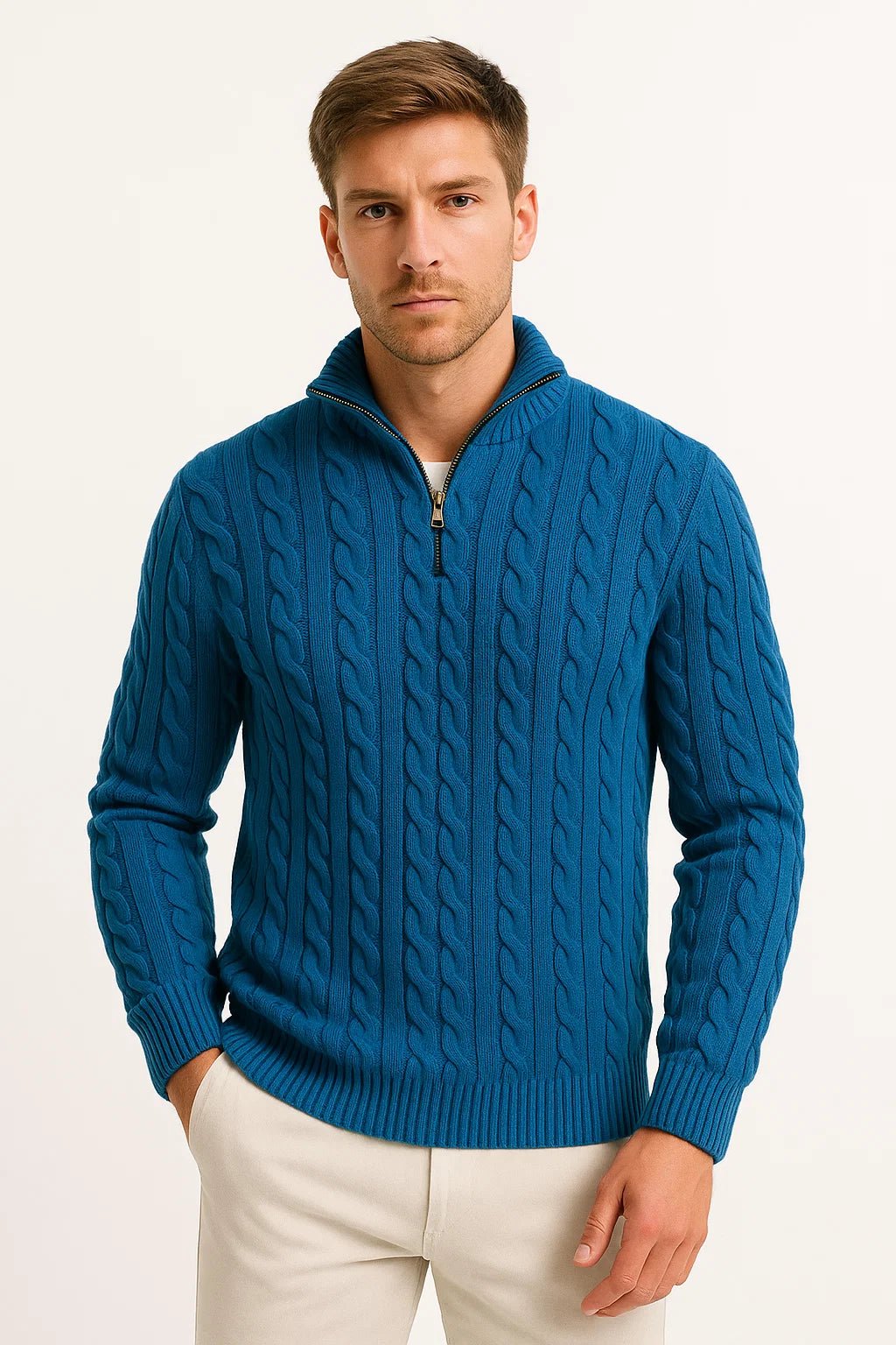 Sweter Męski | Splot Warkoczowy z Zamkiem przy Szyi - Arkadya Outlet - Sweaters