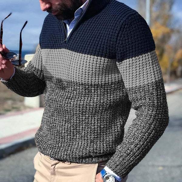 Sweter Męski | Zamek Ćwierćdługości i Poziome Pasy Kolorów - Arkadya Outlet - Sweaters