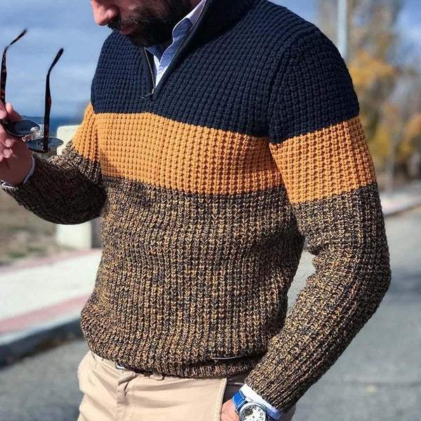 Sweter Męski | Zamek Ćwierćdługości i Poziome Pasy Kolorów - Arkadya Outlet - Sweaters