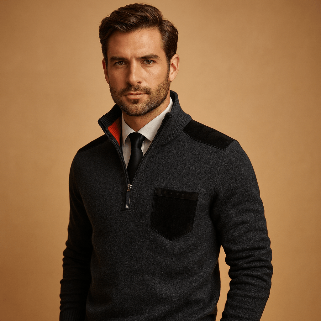 Sweter Męski | Zamek przy Kołnierzu i Kieszonka na Piersi - Arkadya Outlet - Sweaters