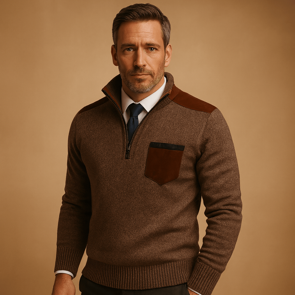Sweter Męski | Zamek przy Kołnierzu i Kieszonka na Piersi - Arkadya Outlet - Sweaters