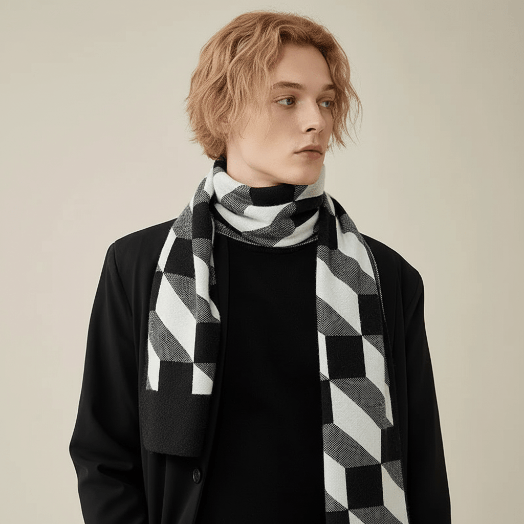 Szalik Męski | Wzorzysty z geometrycznym wzorem i kratką - Arkadya Outlet - szalik