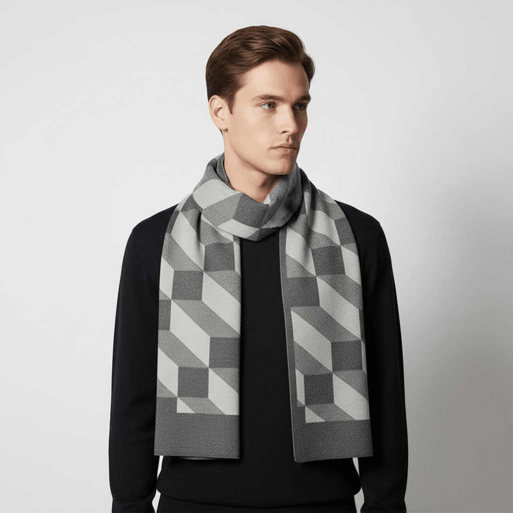 Szalik Męski | Wzorzysty z geometrycznym wzorem i kratką - Arkadya Outlet - szalik