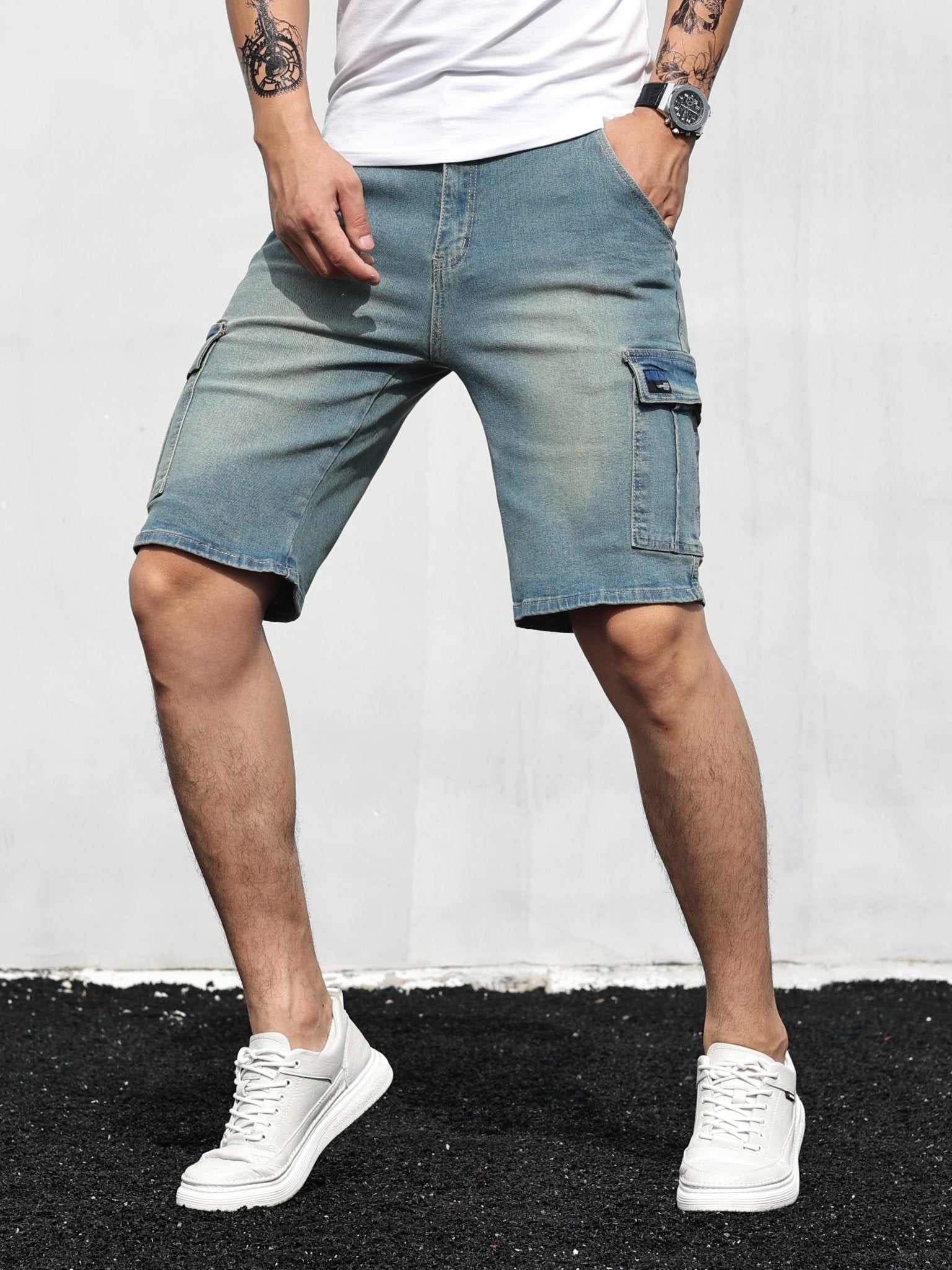 Szorty męskie cargo jeansowe luźne - Arkadya Outlet - Men Short