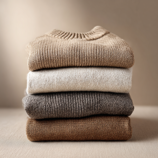 Starannie złożony stos czterech swetrów z dzianiny w neutralnych odcieniach beżu, kremu, szarości i brązu, umieszczonych na miękkiej powierzchni na prostym, jasnobrązowym tle.