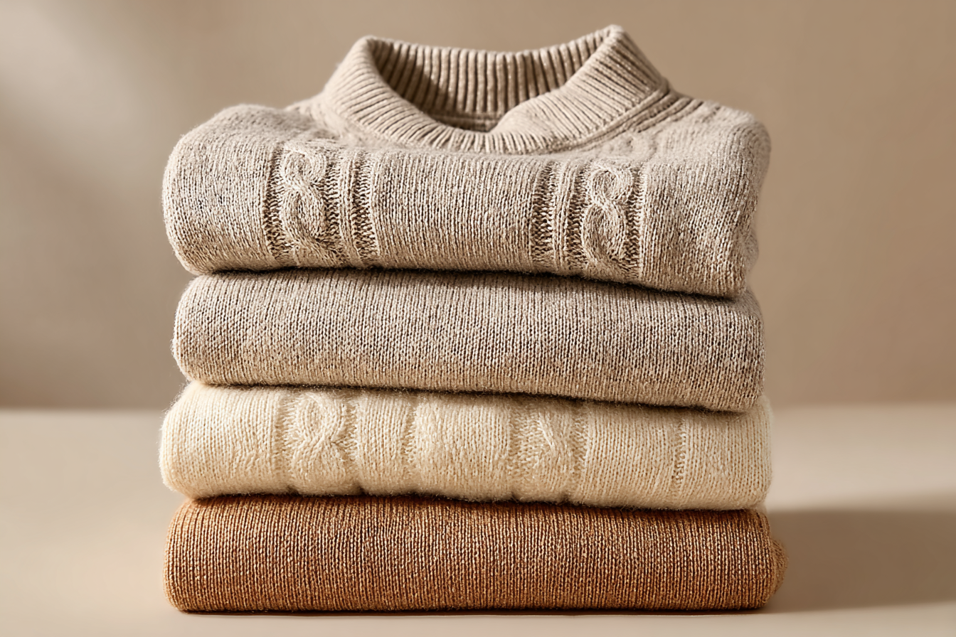 Starannie złożony stos czterech przytulnych wełnianych swetrów w neutralnych odcieniach - beżowym, brązowym, kremowym i jasnobrązowym - umieszczonych na płaskiej powierzchni z miękkim, beżowym tłem.