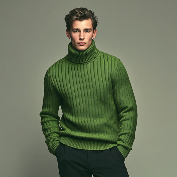Młody mężczyzna o brązowych włosach ma na sobie zielony, prążkowany sweter z golfem i czarne spodnie, stojąc z rękami w kieszeniach na prostym szarym tle.