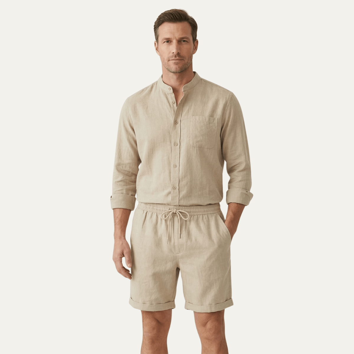 Zestaw Męski Bawełna Len Koszula Szorty Luźny Krój - Arkadya Outlet - Men Set