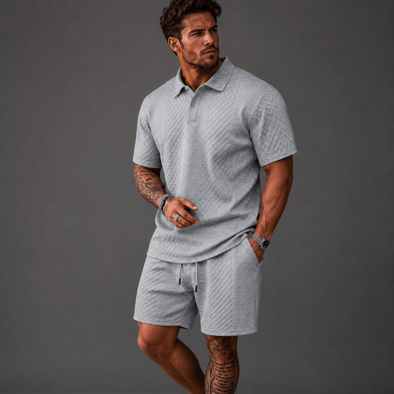 Zestaw męski polo żakard ze sznurkiem - Arkadya Outlet - Men Set