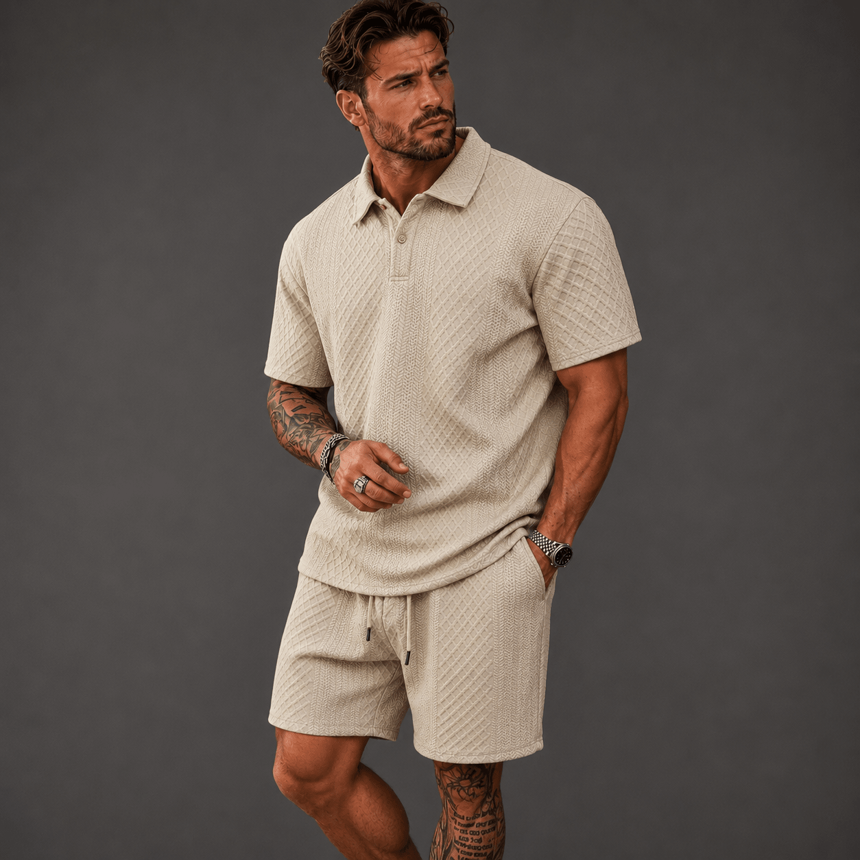 Zestaw męski polo żakard ze sznurkiem - Arkadya Outlet - Men Set
