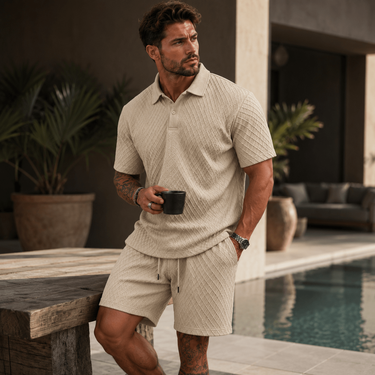 Zestaw męski polo żakard ze sznurkiem - Arkadya Outlet - Men Set