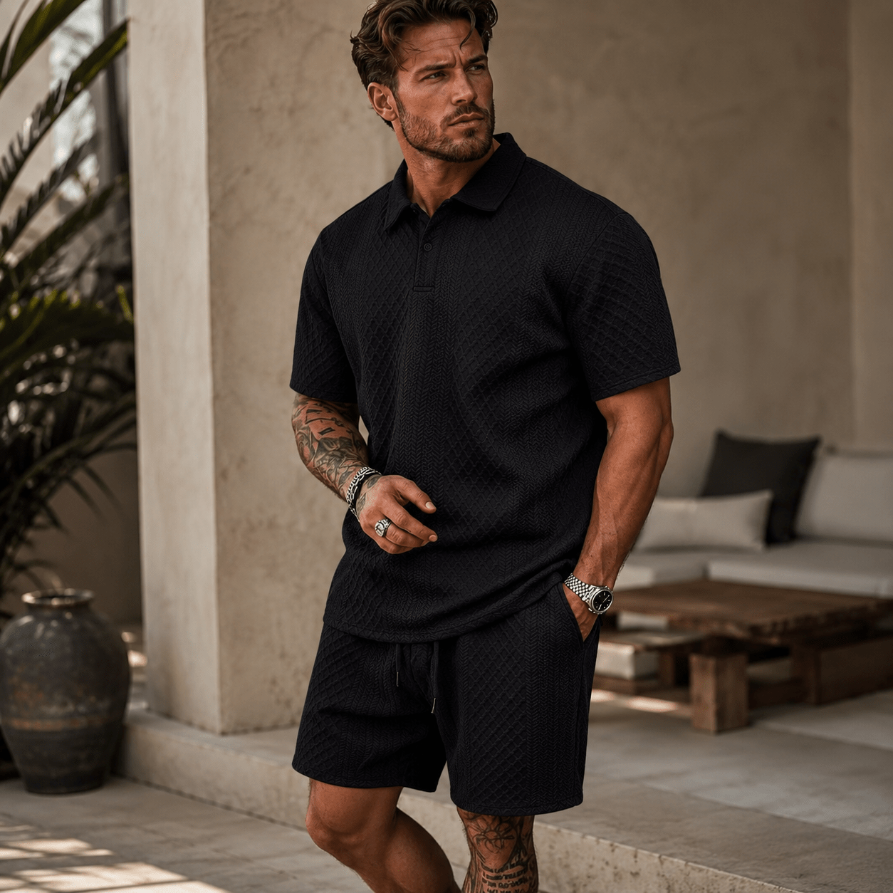 Zestaw męski polo żakard ze sznurkiem - Arkadya Outlet - Men Set