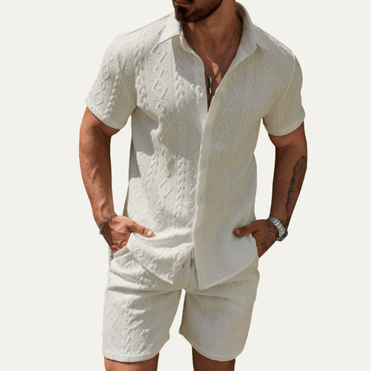 Zestaw męski teksturowany z szortami - Arkadya Outlet - Men Set