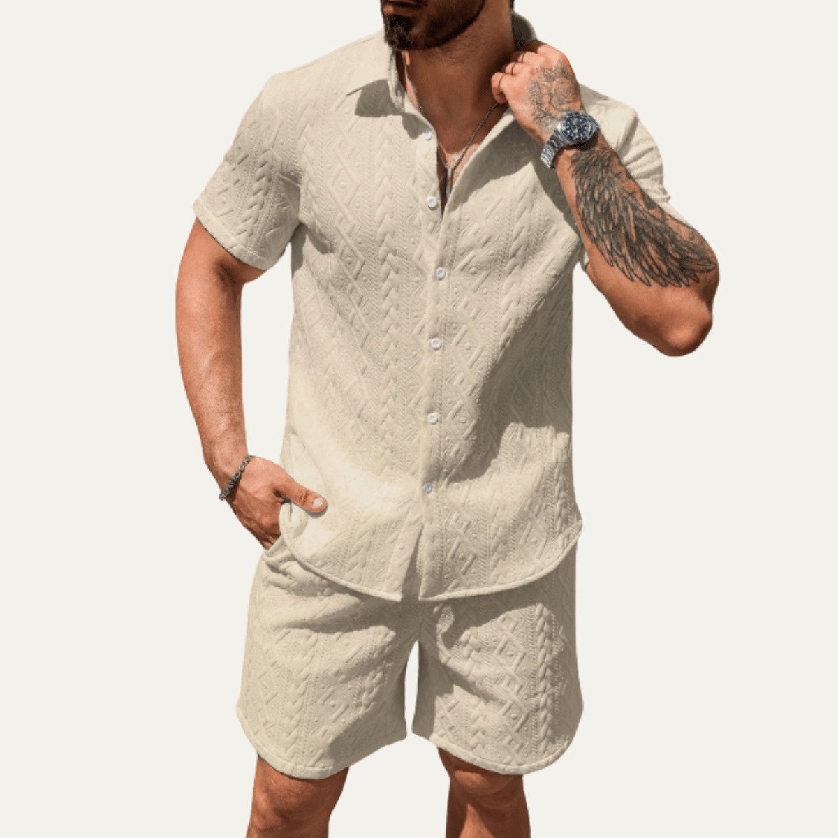 Zestaw męski teksturowany z szortami - Arkadya Outlet - Men Set