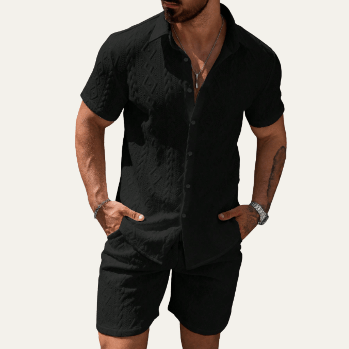 Zestaw męski teksturowany z szortami - Arkadya Outlet - Men Set