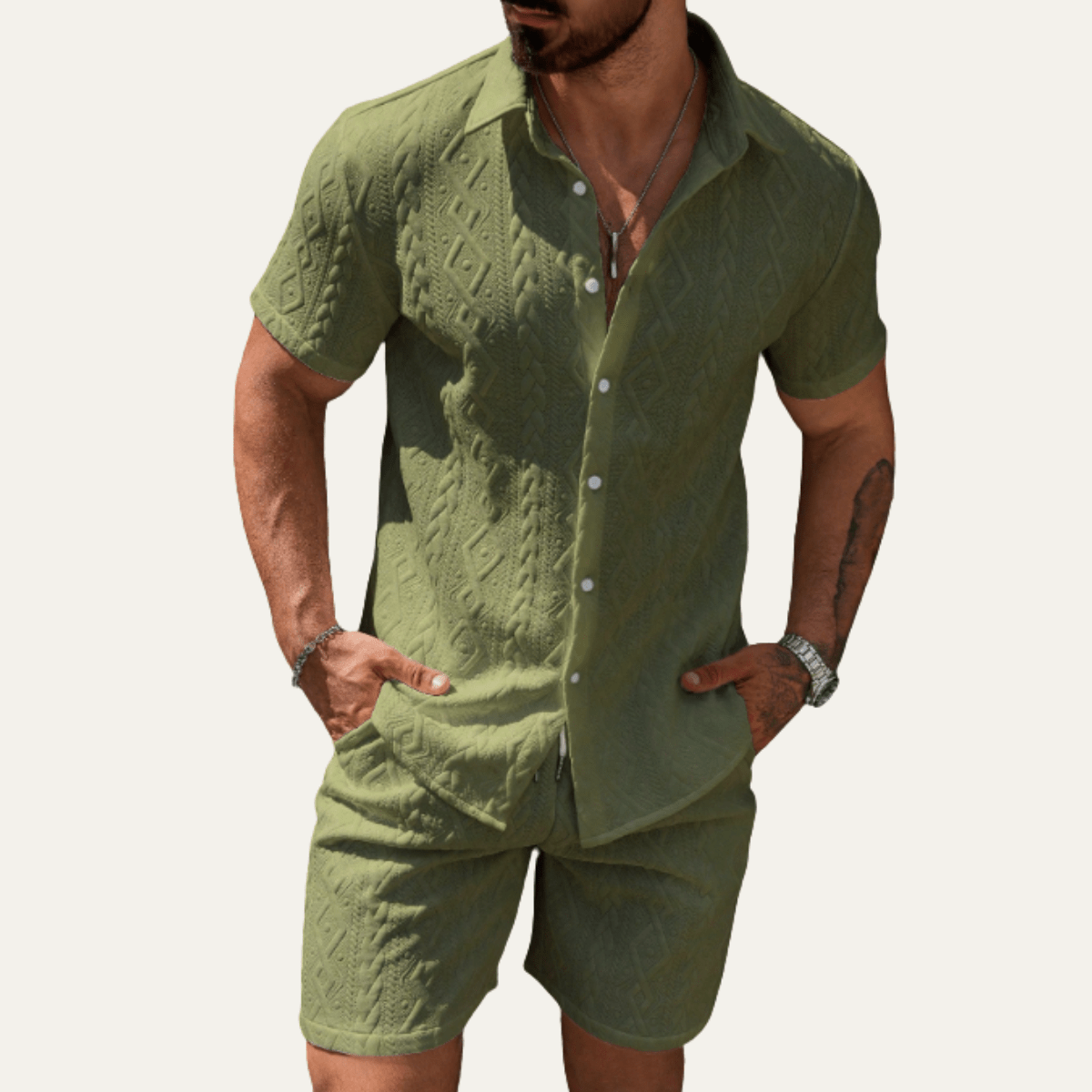 Zestaw męski teksturowany z szortami - Arkadya Outlet - Men Set